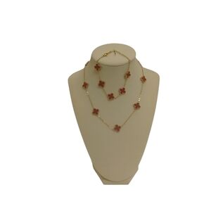 Clover Necklace And Bracelet Set  Red And Gold